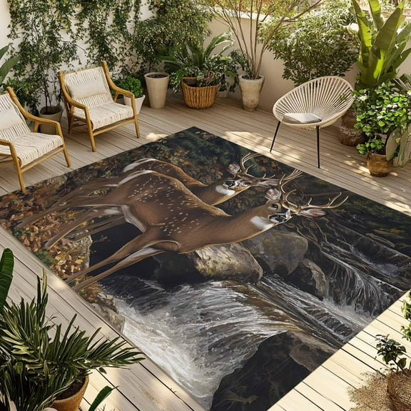 Fsddascl Forest Deer Outdoor Rug for Patio/Deck/Porch, Non-Slip Large Area Rug 4 x 6 Ft, Farmhouse Vintage River Elk Indoor Outdoor Rugs Washable Area Rugs, Reversible Camping Rug Carpet Runner