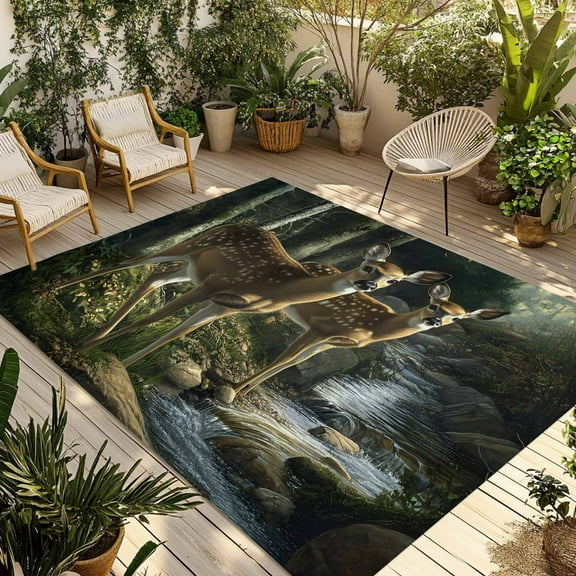 Fsddascl Forest Deer Outdoor Rug for Patio/Deck/Porch, Non-Slip Large Area Rug 5 x 8 Ft, Farmhouse Elk River Indoor Outdoor Rugs Washable Area Rugs, Reversible Camping Rug Carpet Runner