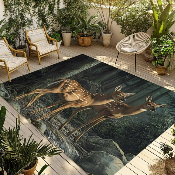 Fsddascl Forest Deer Outdoor Rug for Patio/Deck/Porch, Non-Slip Large Area Rug 5 x 8 Ft, Farmhouse River Vintage Elk Indoor Outdoor Rugs Washable Area Rugs, Reversible Camping Rug Carpet Runner