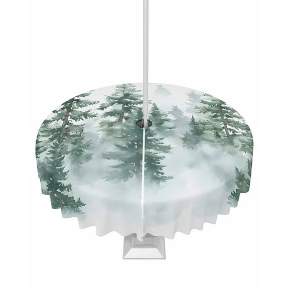 Fsddascl Forest Green Ombre Outdoor Tablecloth - 54 Inch Round Dining Table Cover, Watercolor Trees Sage Green Waterproof Outdoor Table Cloth with Umbrella Hole & Zipper for Picnic/Patio/Party