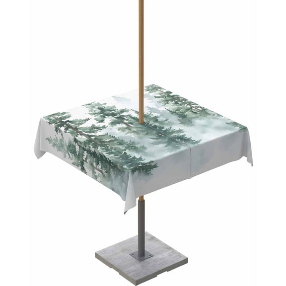 Fsddascl Forest Green Ombre Outdoor Tablecloth - 54x54 Inch Square Dining Table Cover, Watercolor Trees Sage Green Waterproof Outdoor Table Cloth with Umbrella Hole & Zipper for Picnic/Patio/Party