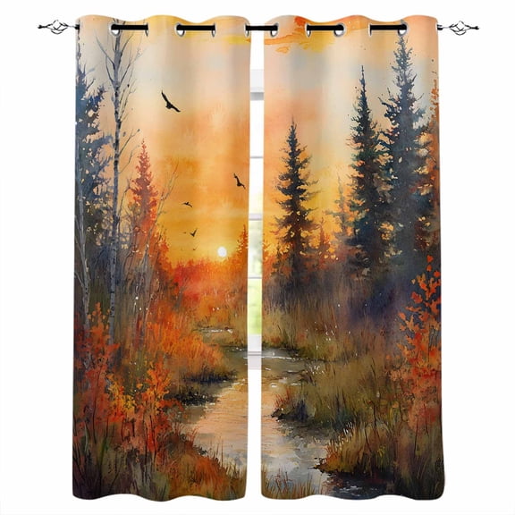 Fsddascl Forest Sunset Blackout Curtains for Bedroom/Living Room, Thermal Insulated Kitchen Curtains, Farmhouse Orange Sky Nature Scenery Grommet Darkening Window Treatment Drapes 27.5"x39"x2