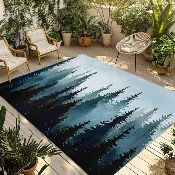 Fsddascl Forest Turquoise Outdoor Rug for Patio/Deck/Porch, Non-Slip Large Area Rug 6 x 9 Ft, Retro Trees Silhouette Landscape Indoor Outdoor Rugs Washable Area Rugs, Reversible Camping Rug Carpet