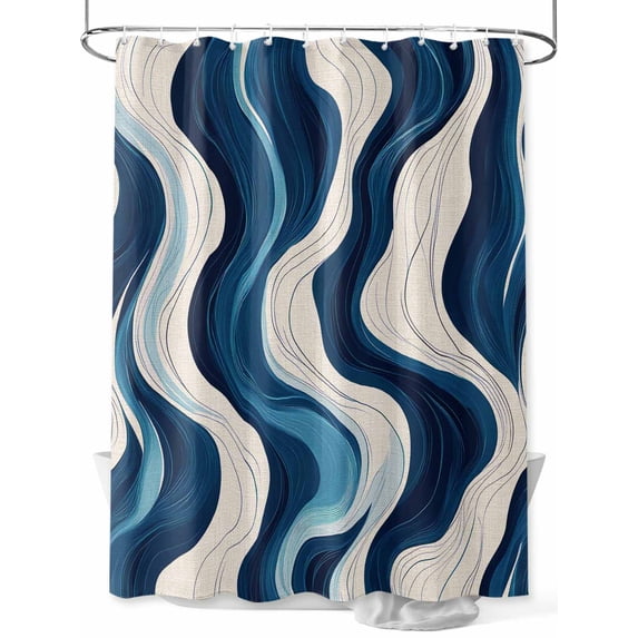 Fsddascl Geometric Blue Shower Curtain Set - 66" x 72" Washable Bathtub Curtain with 12 Hooks, Vintage White Stripe Coastal Sea Wave Waterproof Fabric Stall Shower Curtains for Bathroom/Bathtub
