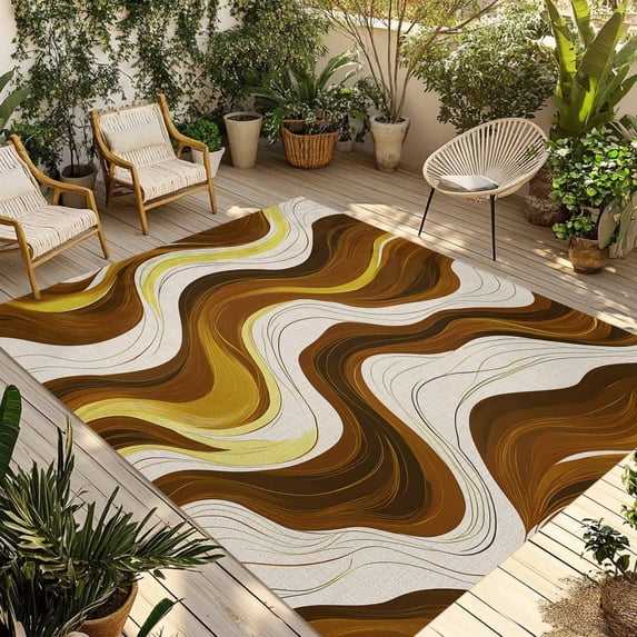 Fsddascl Geometric Brown Outdoor Rug for Patio/Deck/Porch, Non-Slip Large Area Rug 4 x 6 Ft, Gold Vintage White Stripe Coastal Sea Wave Indoor Outdoor Rugs Washable Area Rugs, Camping Rug Carpet