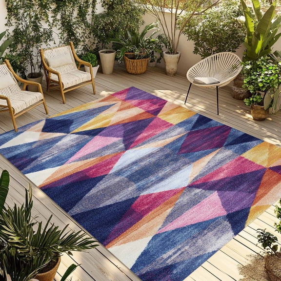 Fsddascl Geometric Outdoor Rug for Patio/Deck/Porch, Non-Slip Large Area Rug 4 x 6 Ft, Vintage Colorful Abstract Art Indoor Outdoor Rugs Washable Area Rugs, Reversible Camping Rug Carpet Runner