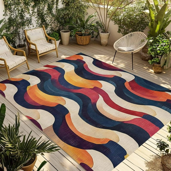 Fsddascl Geometric Red Orange Blue Outdoor Rug for Patio/Deck/Porch, Non-Slip Large Area Rug 5 x 8 Ft, Modern Color Block Indoor Outdoor Rugs Washable Area Rugs, Reversible Camping Rug Carpet Runner