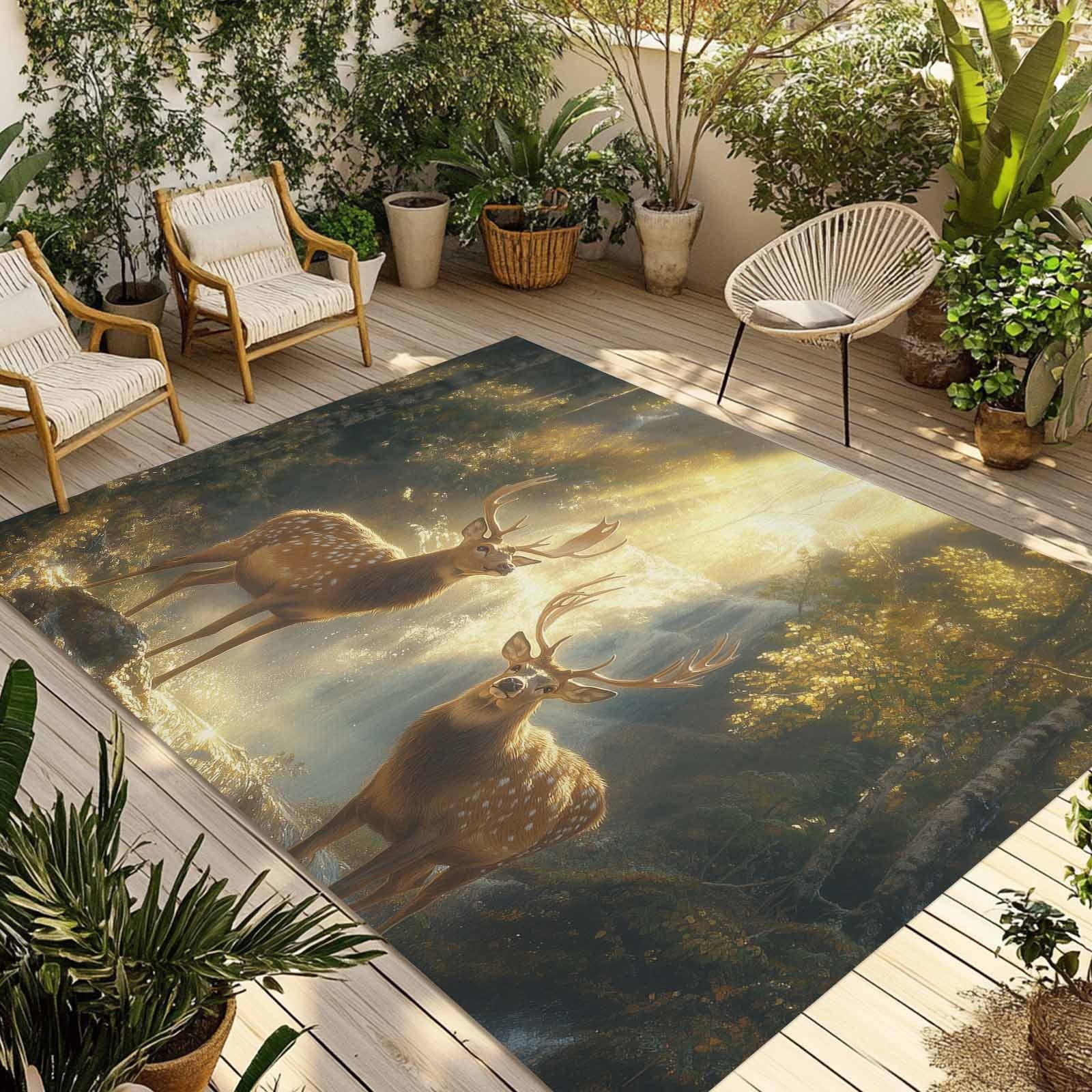 Fsddascl Golden Forest Deer Outdoor Rug for Patio/Deck/Porch, Non-Slip ...