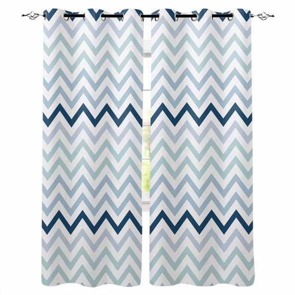 Fsddascl Gradient Blue Blackout Curtains for Bedroom/Living Room, Thermal Insulated Kitchen Curtains, Geometric Stripes Wave Chevron Pattern Grommet Darkening Window Treatment Drapes 42"x45"x2