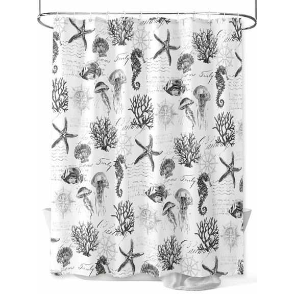 Fsddascl Gray Coastal Shower Curtain Set - 72" x 78" Washable Bathtub Curtain with 12 Hooks, Retro Nautical Starfish Coral Jellyfish Waterproof Fabric Stall Shower Curtains for Bathroom/Bathtub