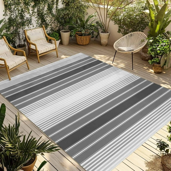 Fsddascl Gray Vertical Stripes Outdoor Rug for Patio/Deck/Porch, Non-Slip Large Area Rug 4 x 6 Ft, Retro Simple Neutral Abstract Lines Indoor Outdoor Rugs Washable Area Rugs, Camping Rug Carpet