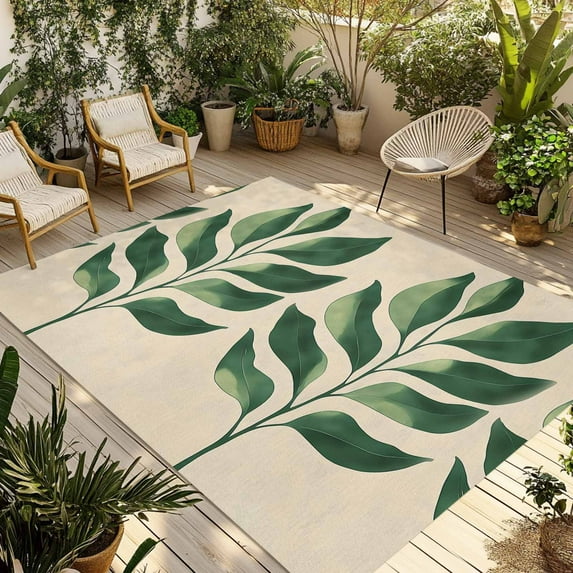 Fsddascl Green Botanical Outdoor Rug for Patio/Deck/Porch, Non-Slip Large Area Rug 5 x 8 Ft, Tropical Leaves Rustic Farmhouse Indoor Outdoor Rugs Washable Area Rugs, Reversible Camping Rug Carpet