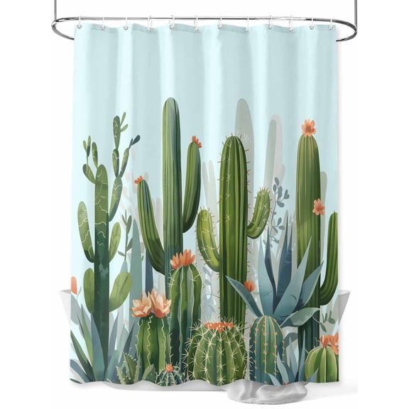 Fsddascl Green Cactus Shower Curtain Set - Standard 72" x 72" Washable Bathtub Curtain with 12 Hooks, Watercolor Summer Botanical Blue Waterproof Fabric Stall Shower Curtains for Bathroom/Bathtub