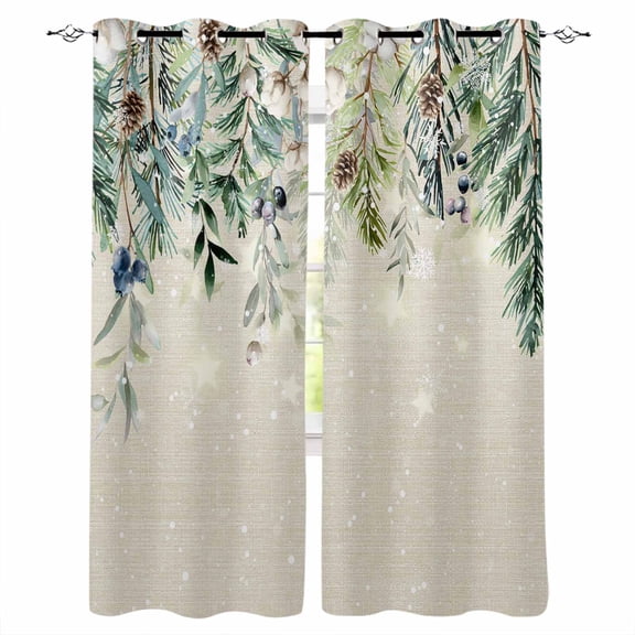 Fsddascl Green Christmas Blackout Curtains for Bedroom/Living Room, Thermal Insulated Kitchen Curtains, Weeping Berry Pine Cones Rustic Grommet Darkening Window Treatment Drapes 52"x63"x2