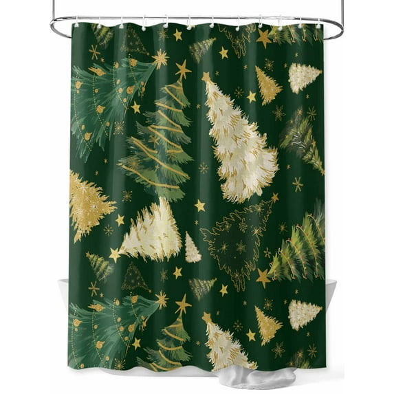 Fsddascl Green Christmas Tree Shower Curtain Set - Long 72" x 84" Washable Bathtub Curtain with 12 Hooks, Golden Xmas Tree Snowflake Waterproof Fabric Stall Shower Curtains for Bathroom/Bathtub