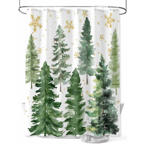Fsddascl Green Christmas Tree Shower Curtain Set - Long 72" x 84" Washable Bathtub Curtain with 12 Hooks, Winter Watercolor Gold Snowflakes Waterproof Fabric Stall Shower Curtains for Bathroom