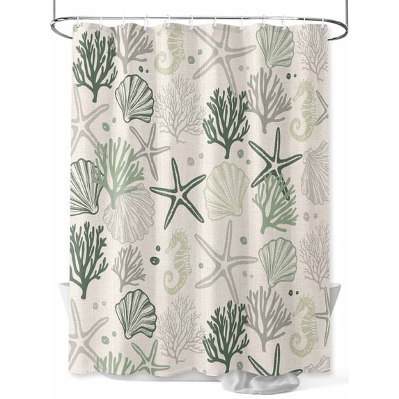 Fsddascl Green Coastal Shower Curtain Set - Standard 72" x 72" Bathtub Curtain with 12 Hooks, Ocean Coral Starfish Seahorse Farmhouse Waterproof Fabric Stall Shower Curtains for Bathroom/Bathtub