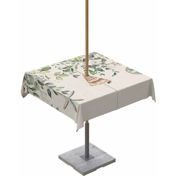 Fsddascl Green Eucalyptus Coastal Outdoor Tablecloth - 54x54 Inch Square Dining Table Cover, Spring Summer Botanical Waterproof Outdoor Table Cloth with Umbrella Hole & Zipper for Picnic/Patio/Party