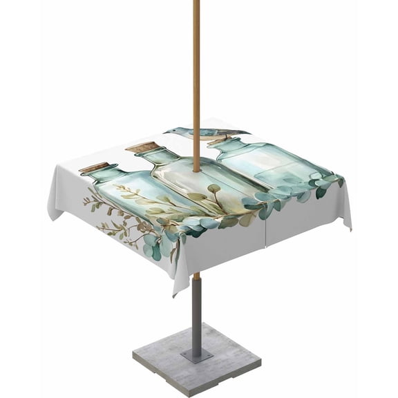 Fsddascl Green Eucalyptus Leaves Outdoor Tablecloth - 54x54 Inch Square Dining Table Cover, Spring Botanical Vase Birds Waterproof Outdoor Table Cloth with Umbrella Hole & Zipper for Picnic/Patio