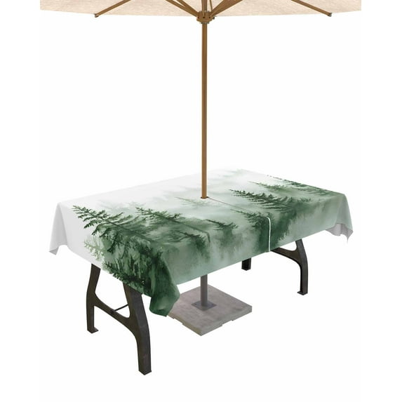 Fsddascl Green Foggy Forest Outdoor Tablecloth - 60x102 Inch Rectangle Dining Table Cover, Watercolor Mist Mountains Landscape Waterproof Outdoor Table Cloth with Umbrella Hole & Zipper for Patio