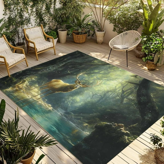 Fsddascl Green Forest Deer Outdoor Rug for Patio/Deck/Porch, Non-Slip Large Area Rug 5 x 8 Ft, Fantasy Vintage Nature Scenery Indoor Outdoor Rugs Washable Area Rugs, Reversible Camping Rug Carpet