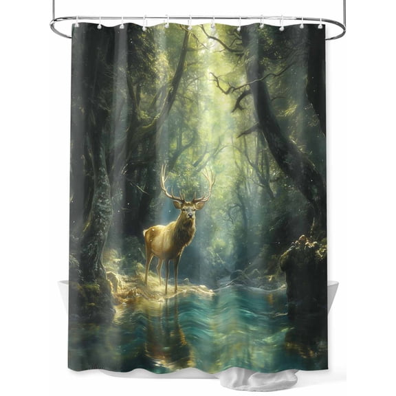 Fsddascl Green Forest Deer Shower Curtain Set - Standard 72" x 72" Washable Bathtub Curtain with 12 Hooks, Fantasy Vintage Nature Scenery Waterproof Fabric Stall Shower Curtains for Bathroom/Bathtub