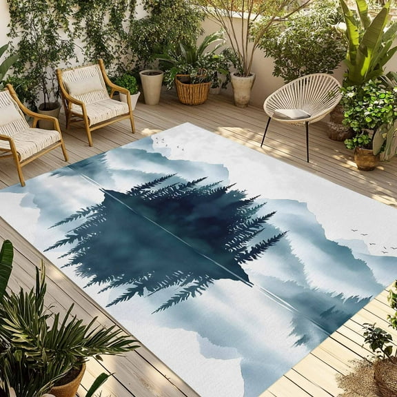 Fsddascl Green Forest Lake Outdoor Rug for Patio/Deck/Porch, Non-Slip Large Area Rug 4 x 6 Ft, Abstract Watercolor Landscape Art Indoor Outdoor Rugs Washable Area Rugs, Reversible Camping Rug Carpet