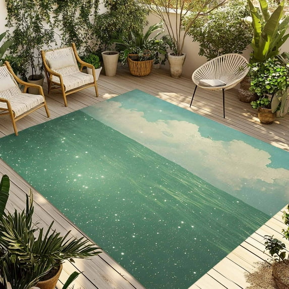 Fsddascl Green Glowing Ocean Sky Outdoor Rug for Patio/Deck/Porch, Non-Slip Large Area Rug 5 x 8 Ft, Abstract Nature Clouds Indoor Outdoor Rugs Washable Area Rugs, Reversible Camping Rug Carpet
