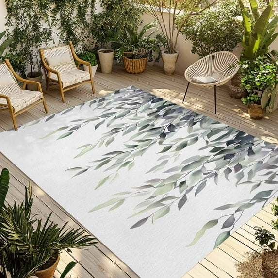 Fsddascl Green Gray Leaves Outdoor Rug for Patio/Deck/Porch, Non-Slip Large Area Rug 4 x 6 Ft, Vintage Rustic Botanical Vines Branches Indoor Outdoor Rugs Washable Area Rugs, Camping Rug Carpet
