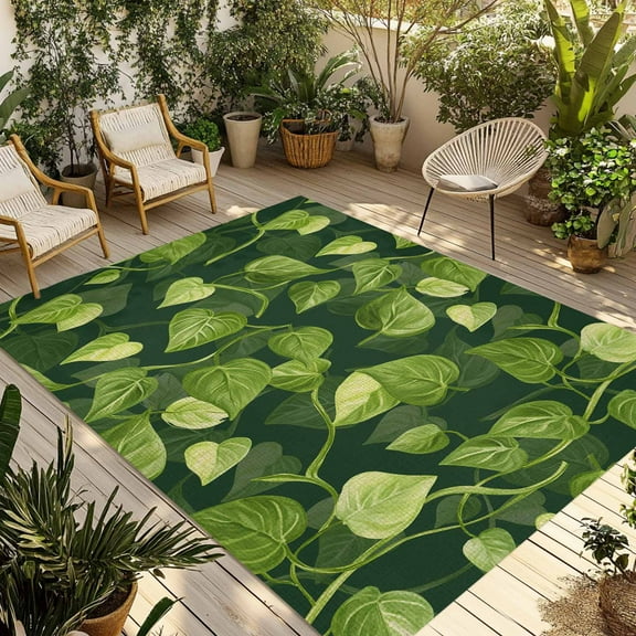 Fsddascl Green Leaves Outdoor Rug for Patio/Deck/Porch, Non-Slip Large Area Rug 4 x 6 Ft, Spring Abstract Retro Pastoral Plants Indoor Outdoor Rugs Washable Area Rugs, Reversible Camping Rug Carpet