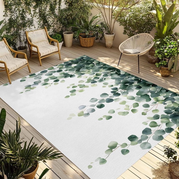 Fsddascl Green Leaves Outdoor Rug for Patio/Deck/Porch, Non-Slip Large Area Rug 4 x 6 Ft, Watercolor Spring Eucalyptus Branches Indoor Outdoor Rugs Washable Area Rugs, Reversible Camping Rug Carpet