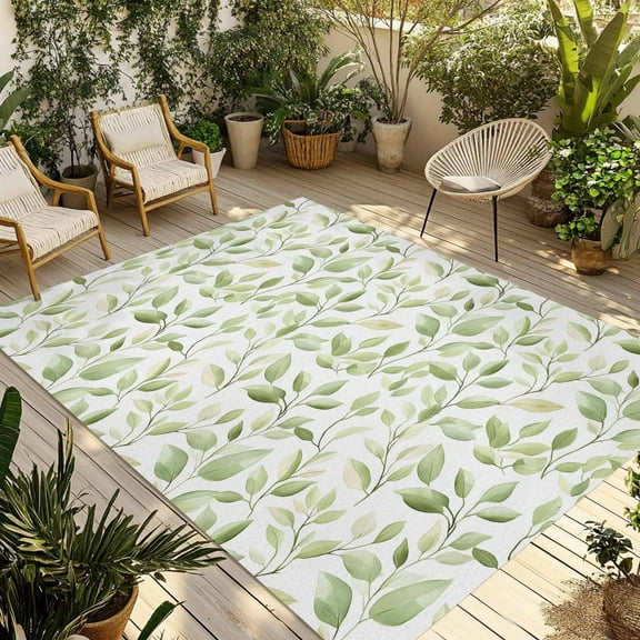 Fsddascl Green Leaves Outdoor Rug for Patio/Deck/Porch, Non-Slip Large Area Rug 4 x 6 Ft, Watercolor Summer Botanical Pastoral Indoor Outdoor Rugs Washable Area Rugs, Reversible Camping Rug Carpet