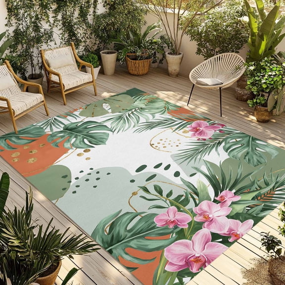 Fsddascl Green Leaves Outdoor Rug for Patio/Deck/Porch, Non-Slip Large Area Rug 5 x 8 Ft, Summer Botanical Watercolor Indoor Outdoor Rugs Washable Area Rugs, Reversible Camping Rug Carpet Runner