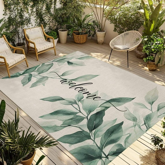 Fsddascl Green Leaves Outdoor Rug for Patio/Deck/Porch, Non-Slip Large Area Rug 6 x 9 Ft, Retro Spring Pastoral Botanical Farmhouse Indoor Outdoor Rugs Washable Area Rugs, Camping Rug Carpet