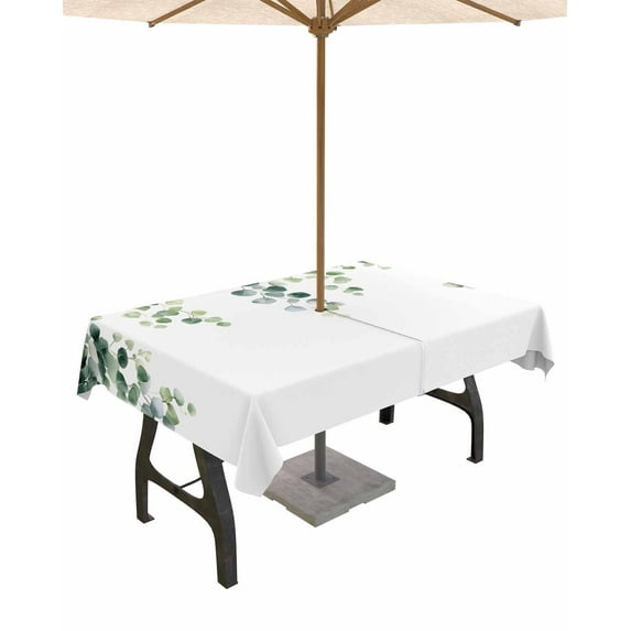 Fsddascl Green Leaves Outdoor Tablecloth - 60x102 Inch Rectangle Dining Table Cover, Watercolor Spring Eucalyptus Branches Waterproof Outdoor Table Cloth with Umbrella Hole & Zipper for Picnic/Patio