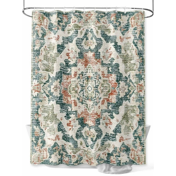 Fsddascl Green Orange Boho Shower Curtain Set - 48" x 72" Washable Bathtub Curtain with 12 Hooks, Abstract Medieval Vintage Ethnic Floral Waterproof Fabric Stall Shower Curtains for Bathroom/Bathtub