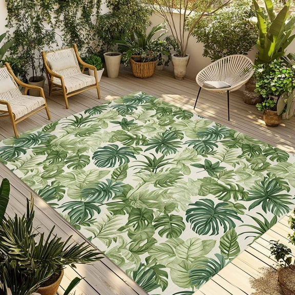 Fsddascl Green Palm Leaf Outdoor Rug for Patio/Deck/Porch, Non-Slip Large Area Rug 4 x 6 Ft, Summer Botanical Watercolor Indoor Outdoor Rugs Washable Area Rugs, Reversible Camping Rug Carpet Runner