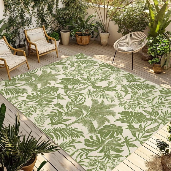 Fsddascl Green Palm Leaf Outdoor Rug for Patio/Deck/Porch, Non-Slip Large Area Rug 4 x 6 Ft, Watercolor Summer Leaves Indoor Outdoor Rugs Washable Area Rugs, Reversible Camping Rug Carpet Runner