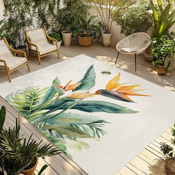 Fsddascl Green Palm Leaf Outdoor Rug for Patio/Deck/Porch, Non-Slip Large Area Rug 5 x 8 Ft, Summer Bee Tropical Plant Pastoral Indoor Outdoor Rugs Washable Area Rugs, Reversible Camping Rug Carpet