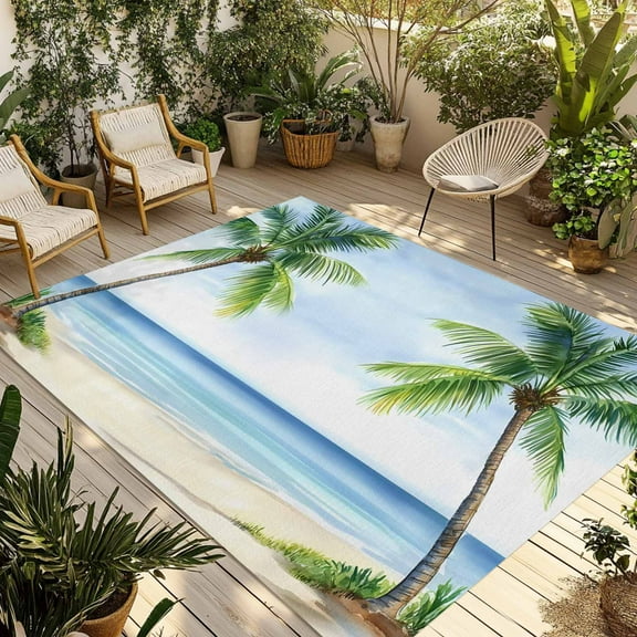Fsddascl Green Palm Trees Outdoor Rug for Patio/Deck/Porch, Non-Slip Large Area Rug 6 x 9 Ft, Coastal Summer Blue Sky Natural Indoor Outdoor Rugs Washable Area Rugs, Reversible Camping Rug Carpet