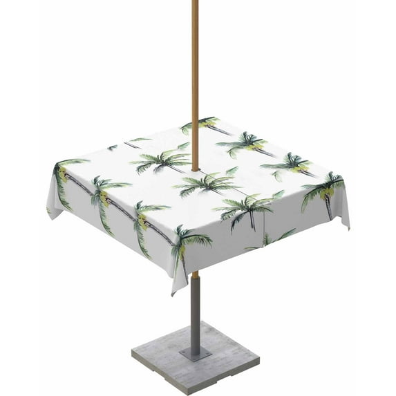 Fsddascl Green Palm Trees Outdoor Tablecloth - 54x54 Inch Square Dining Table Cover, Summer Botanical Beach Modern Art Waterproof Outdoor Table Cloth with Umbrella Hole & Zipper for Picnic/Patio
