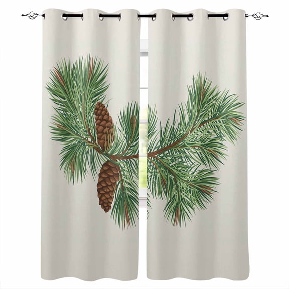 Fsddascl Green Pine Leaves Christmas Blackout Curtains for Bedroom/Living Room, Thermal Insulated Kitchen Curtains, Xmas Botanical Pine Cones Grommet Darkening Window Treatment Drapes 27.5"x39"x2