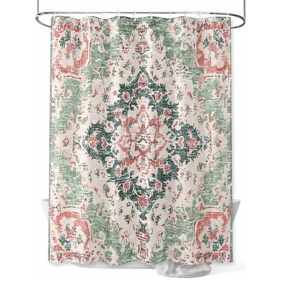 Fsddascl Green Pink Boho Floral Shower Curtain Set - Long 72" x 84" Washable Bathtub Curtain with 12 Hooks, Southwestern Ethnic Flowers Retro Waterproof Fabric Stall Shower Curtains for Bathroom