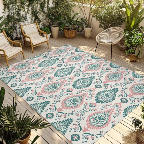 Fsddascl Green Pink Boho Outdoor Rug for Patio/Deck/Porch, Non-Slip Large Area Rug 6 x 9 Ft, Ethnic Abstract Geometric Floral Pattern Indoor Outdoor Rugs Washable Area Rugs, Camping Rug Carpet