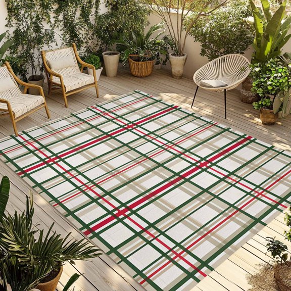 Fsddascl Green Red Plaid Christmas Outdoor Rug for Patio/Deck/Porch, Non-Slip Large Area Rug 5 x 8 Ft, Xmas Checkered Buffalo Indoor Outdoor Rugs Washable Area Rugs, Camping Rug Carpet Runner