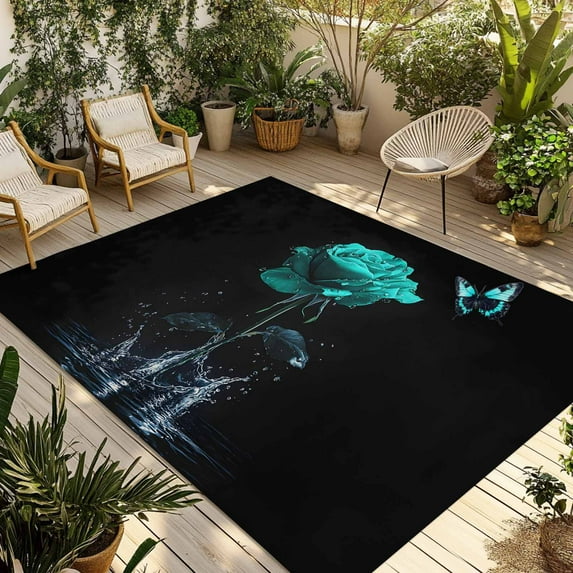 Fsddascl Green Roses Outdoor Rug for Patio/Deck/Porch, Non-Slip Large Area Rug 4 x 6 Ft, Modern Art Splash Flowers Butterfly Indoor Outdoor Rugs Washable Area Rugs, Reversible Camping Rug Carpet