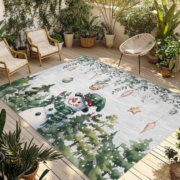 Fsddascl Green Snowman Christmas Outdoor Rug for Patio/Deck/Porch, Non-Slip Large Area Rug 4 x 6 Ft, Eucalyptus Xmas Tree Balls Grey Indoor Outdoor Rugs Washable Area Rugs, Camping Rug Carpet Runner