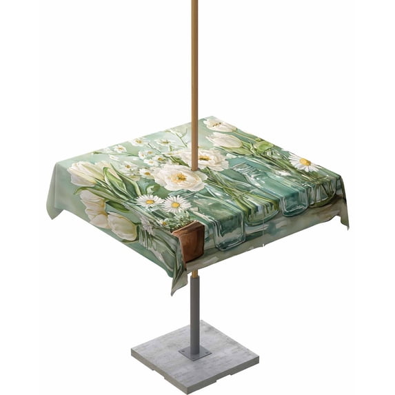 Fsddascl Green Spring Floral Outdoor Tablecloth - 60x60 Inch Square Dining Table Cover, Watercolor Summer Flowers Tulip Waterproof Outdoor Table Cloth with Umbrella Hole & Zipper for Picnic/Patio