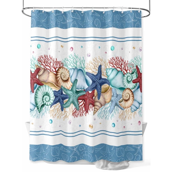 Fsddascl Green Starfish Summer Shower Curtain Set - Standard 72" x 72" Washable Bathtub Curtain with 12 Hooks, Ocean Coral Conch Blue Shells Waterproof Fabric Stall Shower Curtains for Bathroom