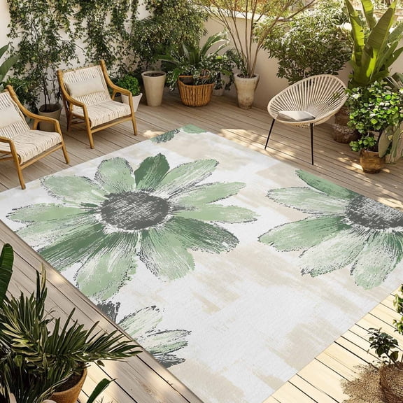 Fsddascl Green Sunflower Outdoor Rug for Patio/Deck/Porch, Non-Slip Large Area Rug 5 x 8 Ft, Spring Summer Botanical Flowers Indoor Outdoor Rugs Washable Area Rugs, Reversible Camping Rug Carpet